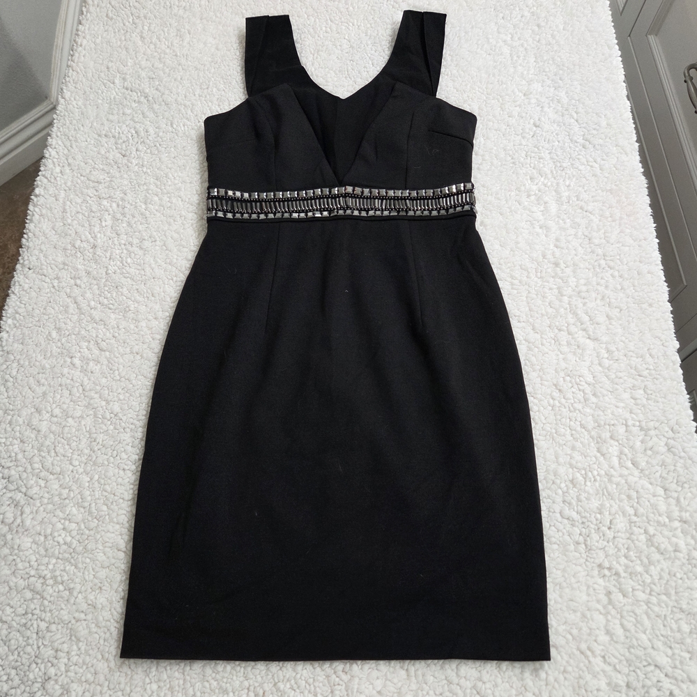 Esley Elegant Black Mini Dress with Metallic Trim Small Party